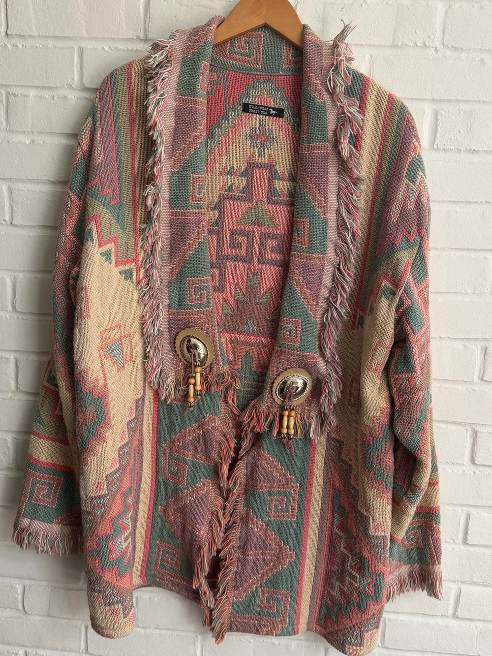 Boho Fringe Jacquard Cardigan Sweater - Pink & Sage - Picture 4 of 8